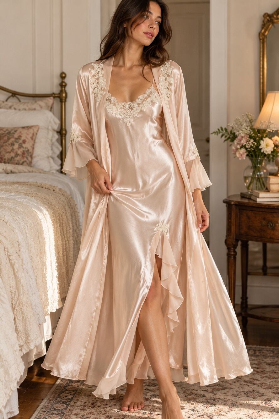 Vintage 90s California Dynasty Satin Pink Chemise Robe Set Lace Trim Size Med